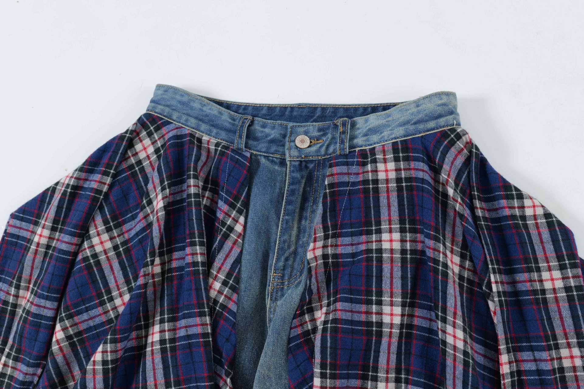 Zwoyren Plaid Overlay Denim Flare Pants