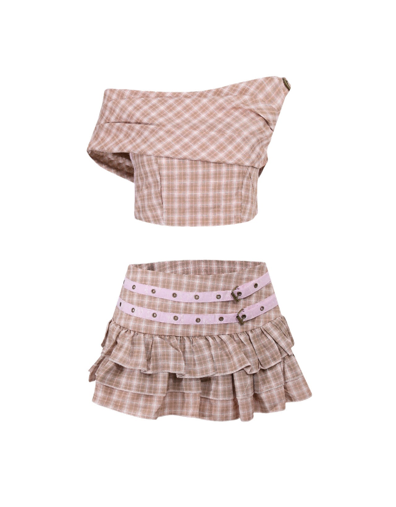 Zwoyren Plaid Off-Shoulder Top & Ruffled Mini Skirt Set