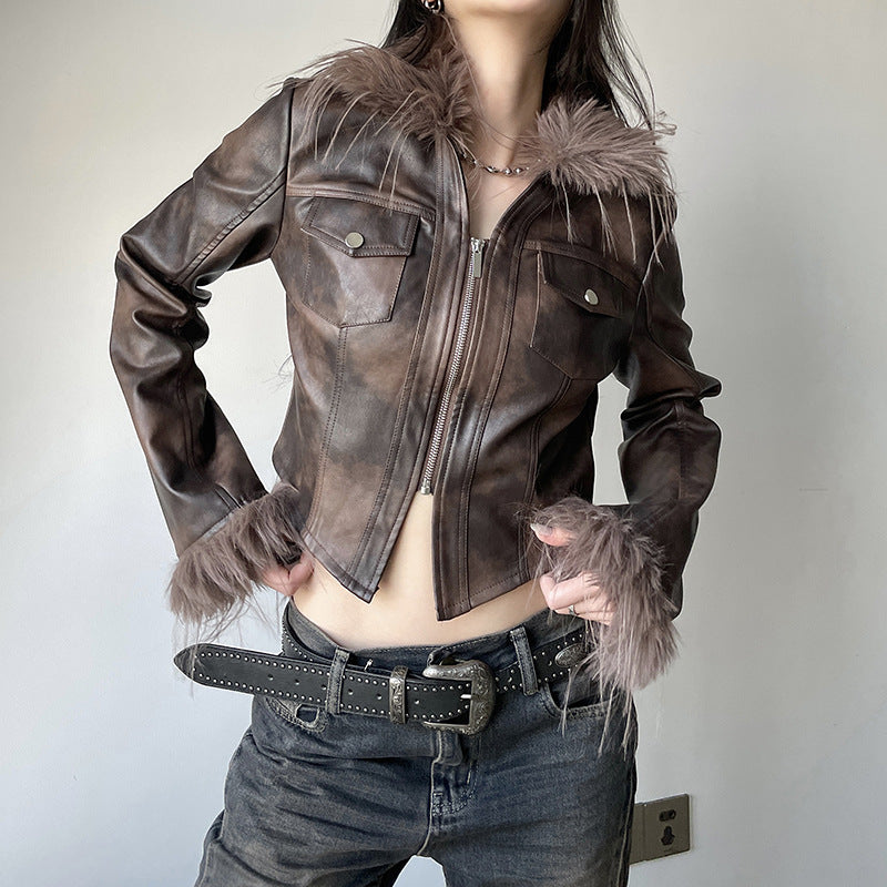 Zwoyren Vintage Furry Paneled Faux Leather Jacket