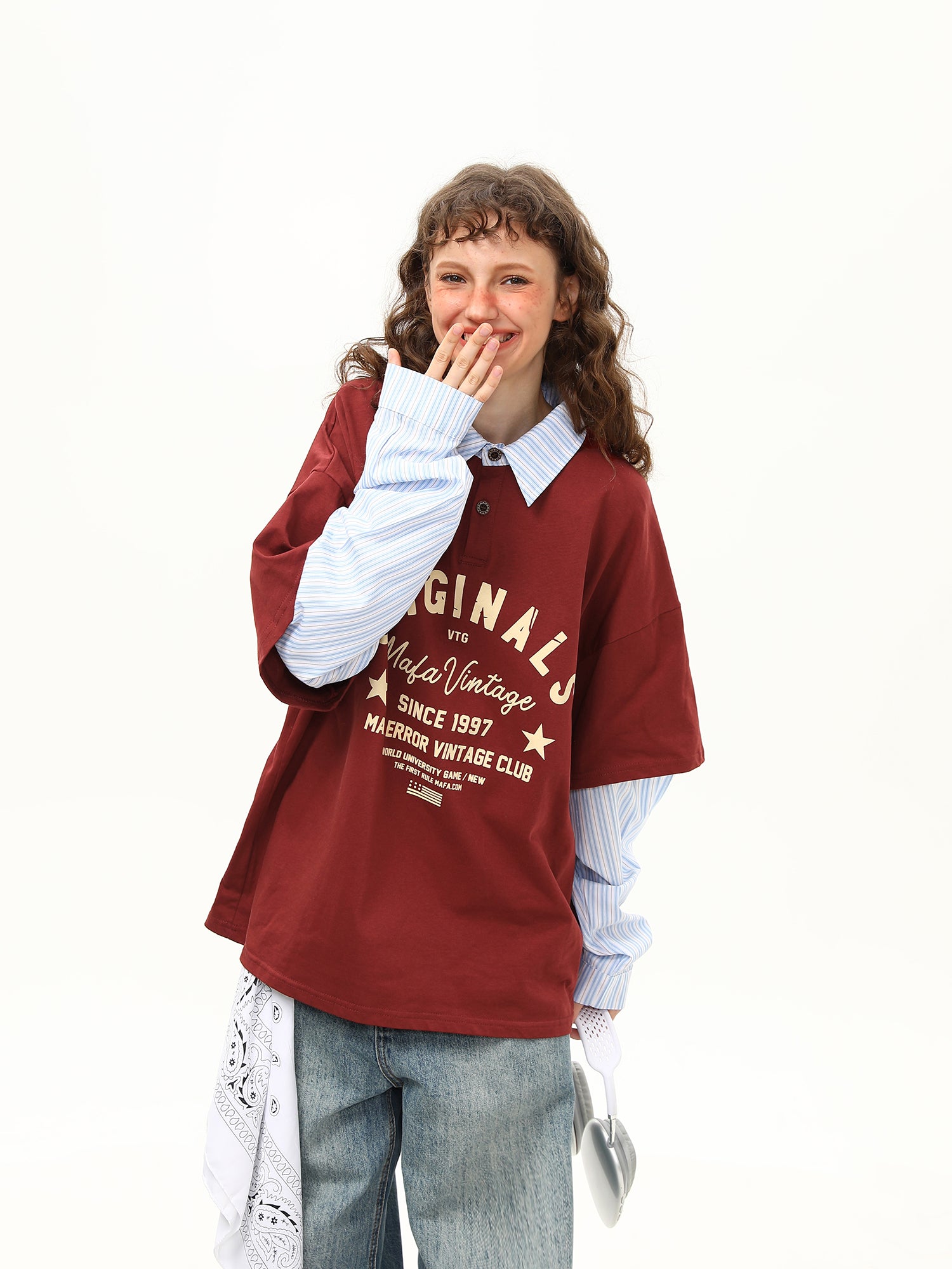 Zwoyren Pinstripe Faux-Layered Polo Long Sleeve Tee