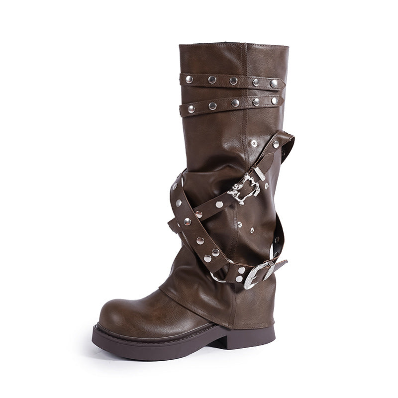 Zwoyren Metallic Buckled Leather Boots 