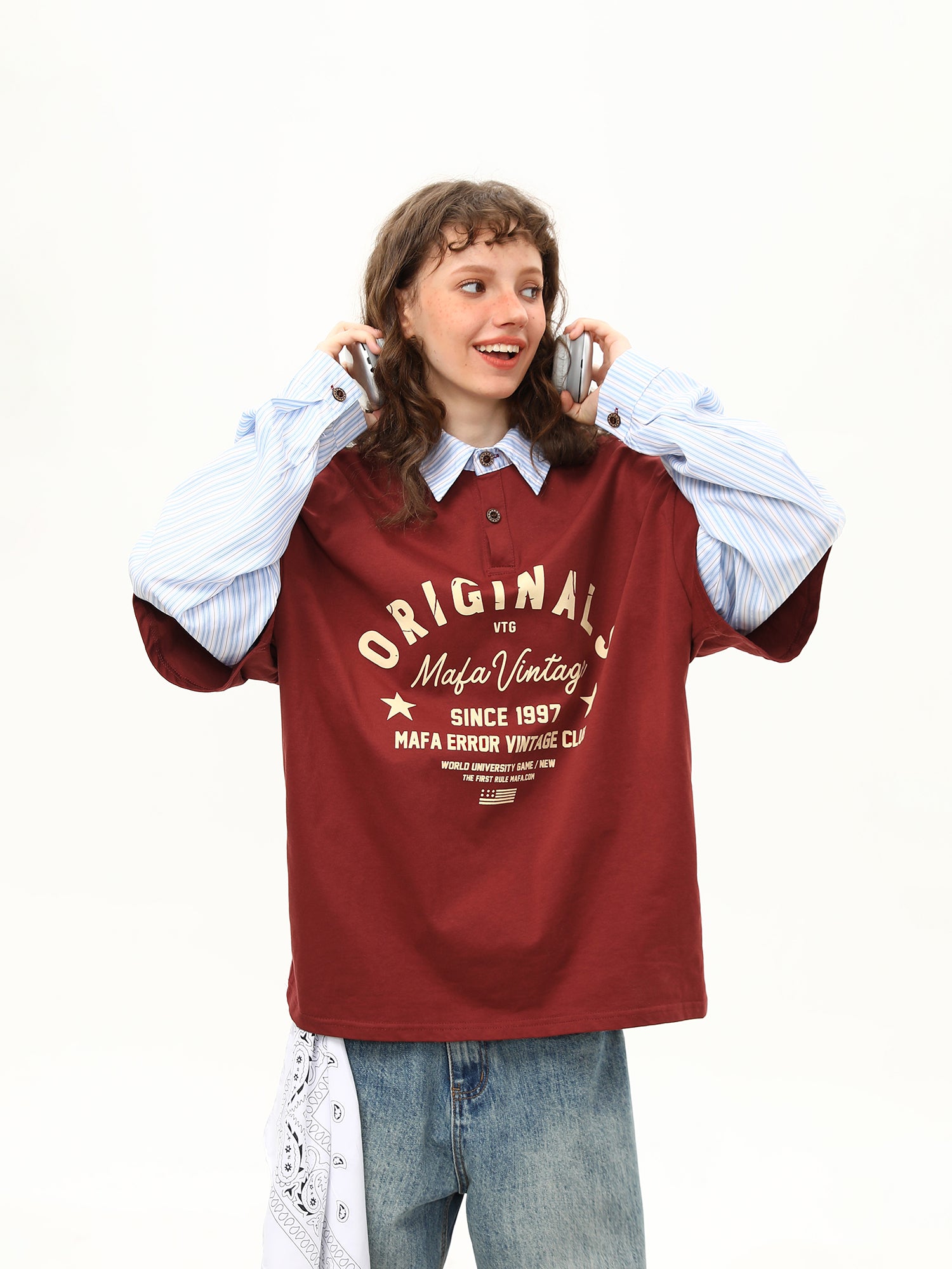 Zwoyren Pinstripe Faux-Layered Polo Long Sleeve Tee