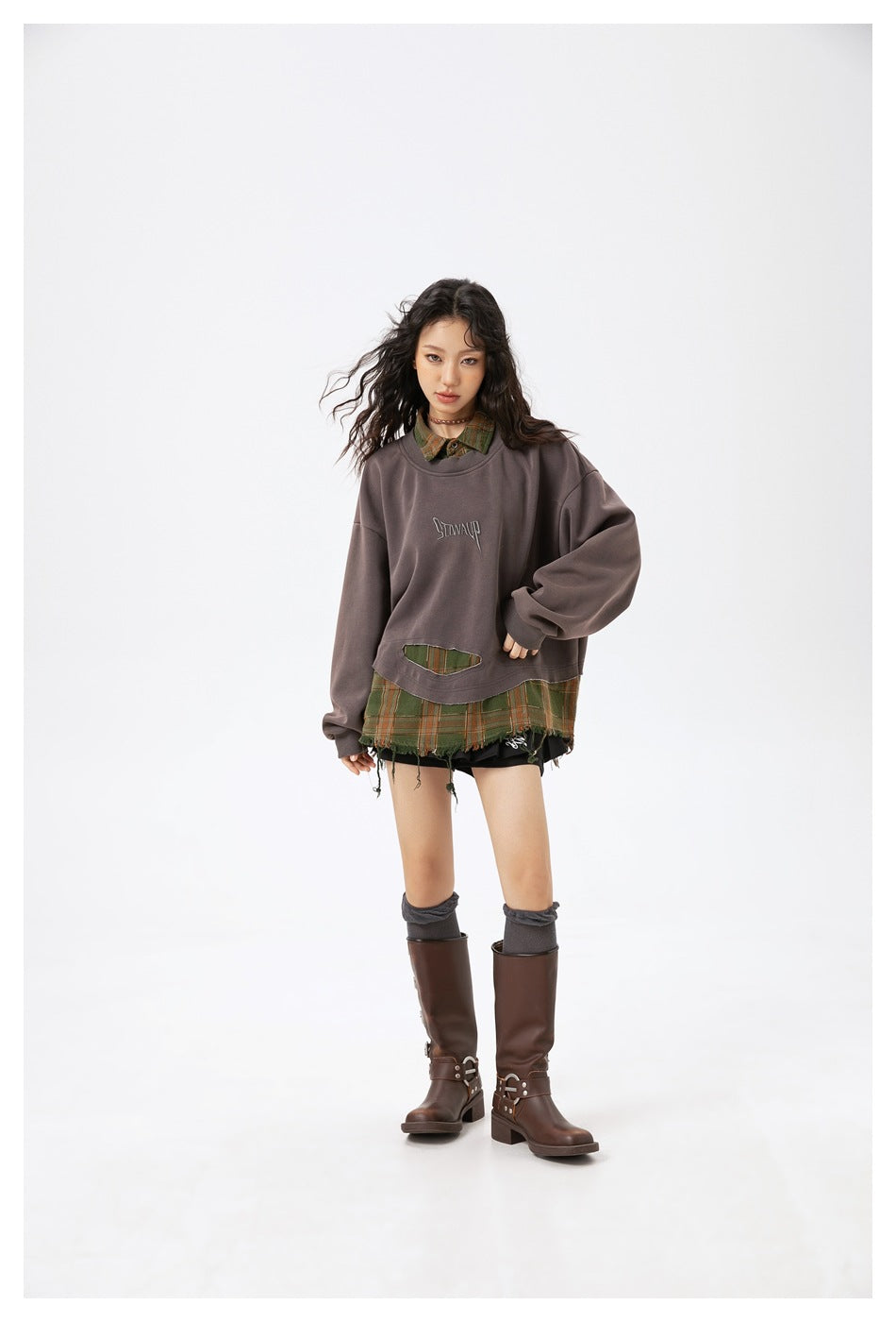 Zwoyren Layered Plaid Sweatshirt