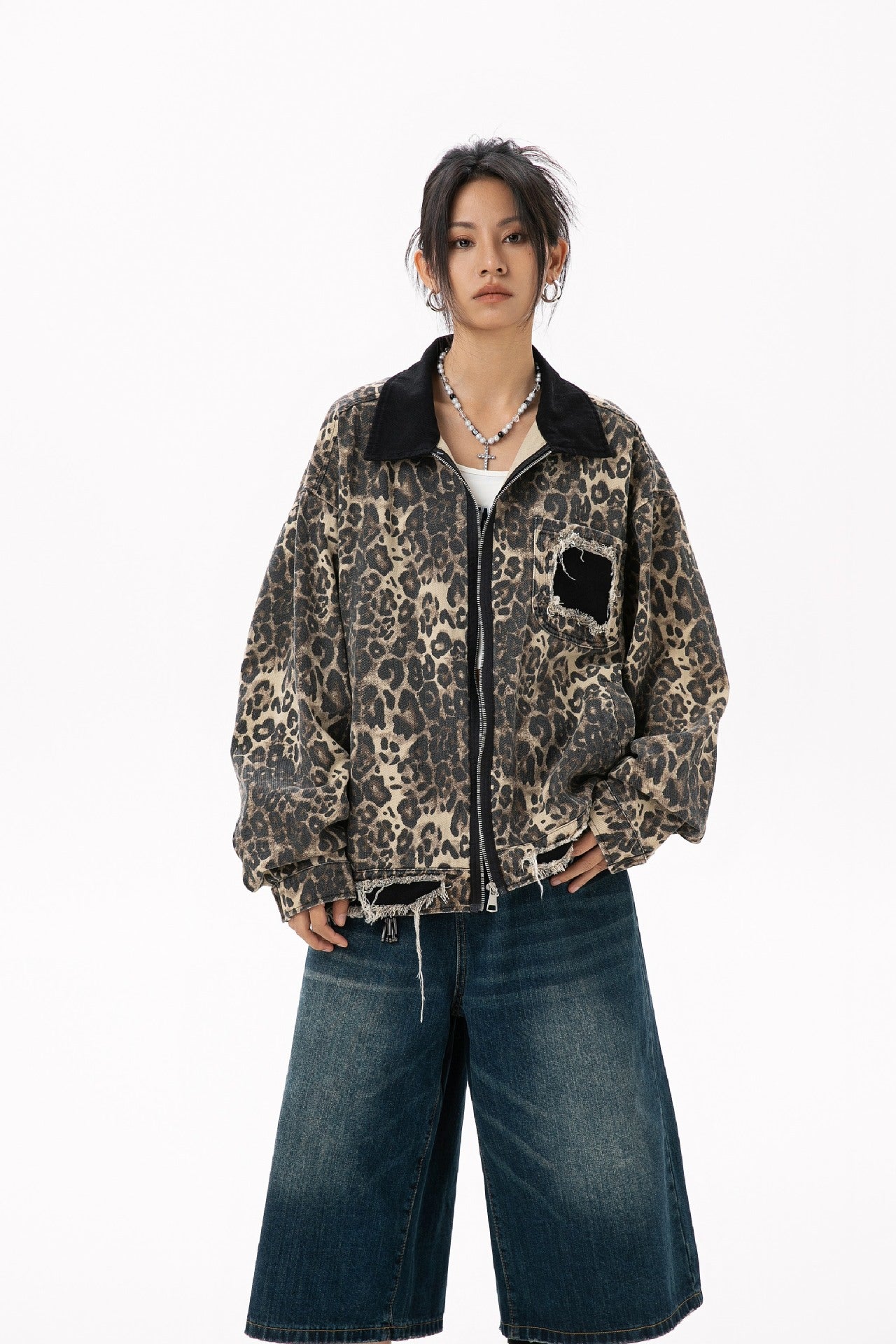 Zwoyren Distressed Leopard Print Jacket