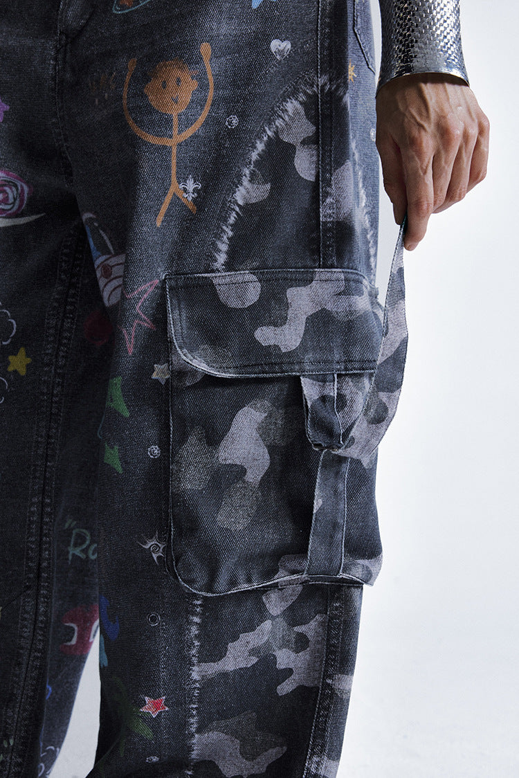 Zwoyren Graffiti Print Camouflage Layered Cargo Jeans