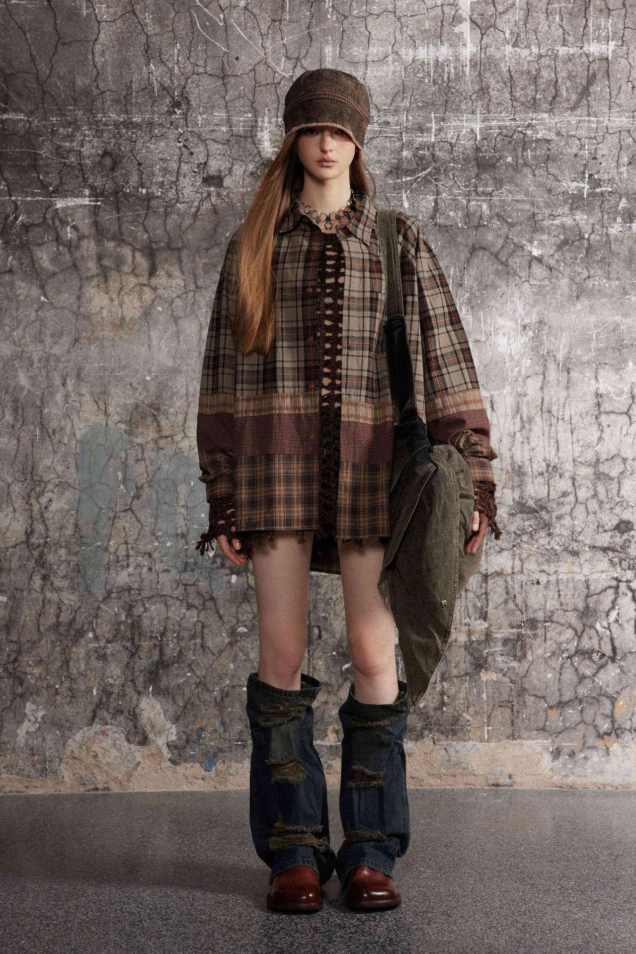 Maillard Retro Plaid Splicing Shirt