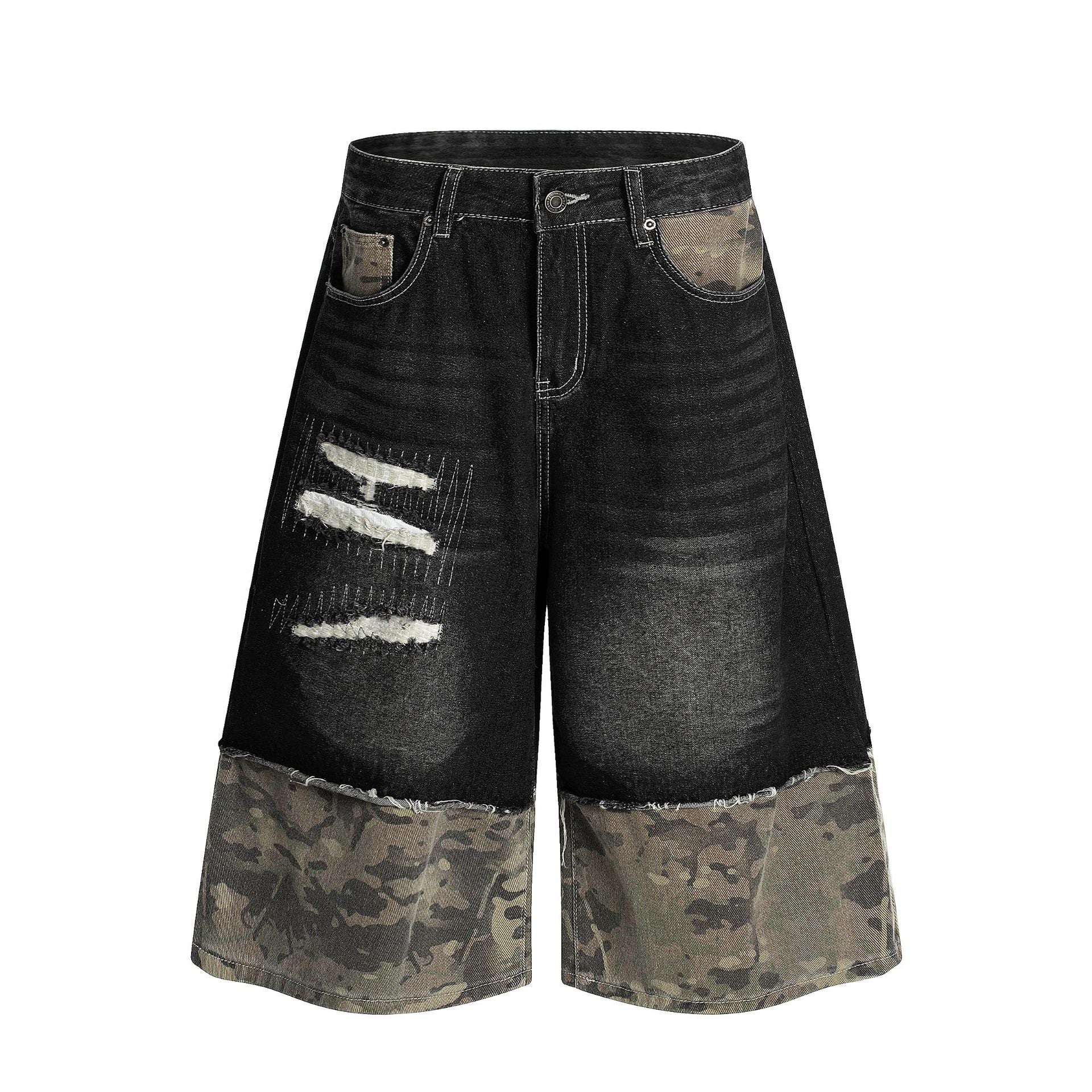 Zwoyren Distressed Camo Patchwork Denim Shorts
