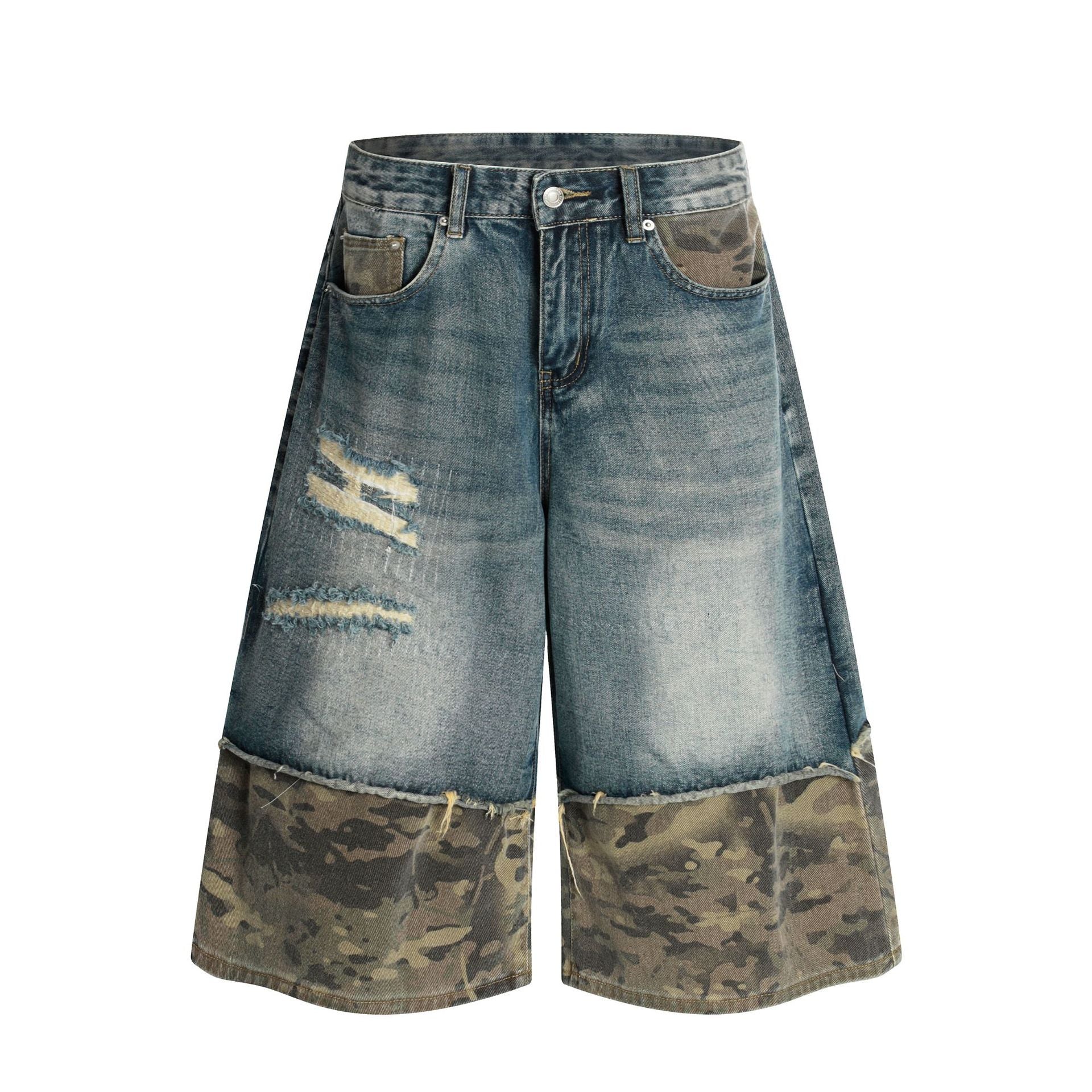 Zwoyren Distressed Camo Patchwork Denim Shorts