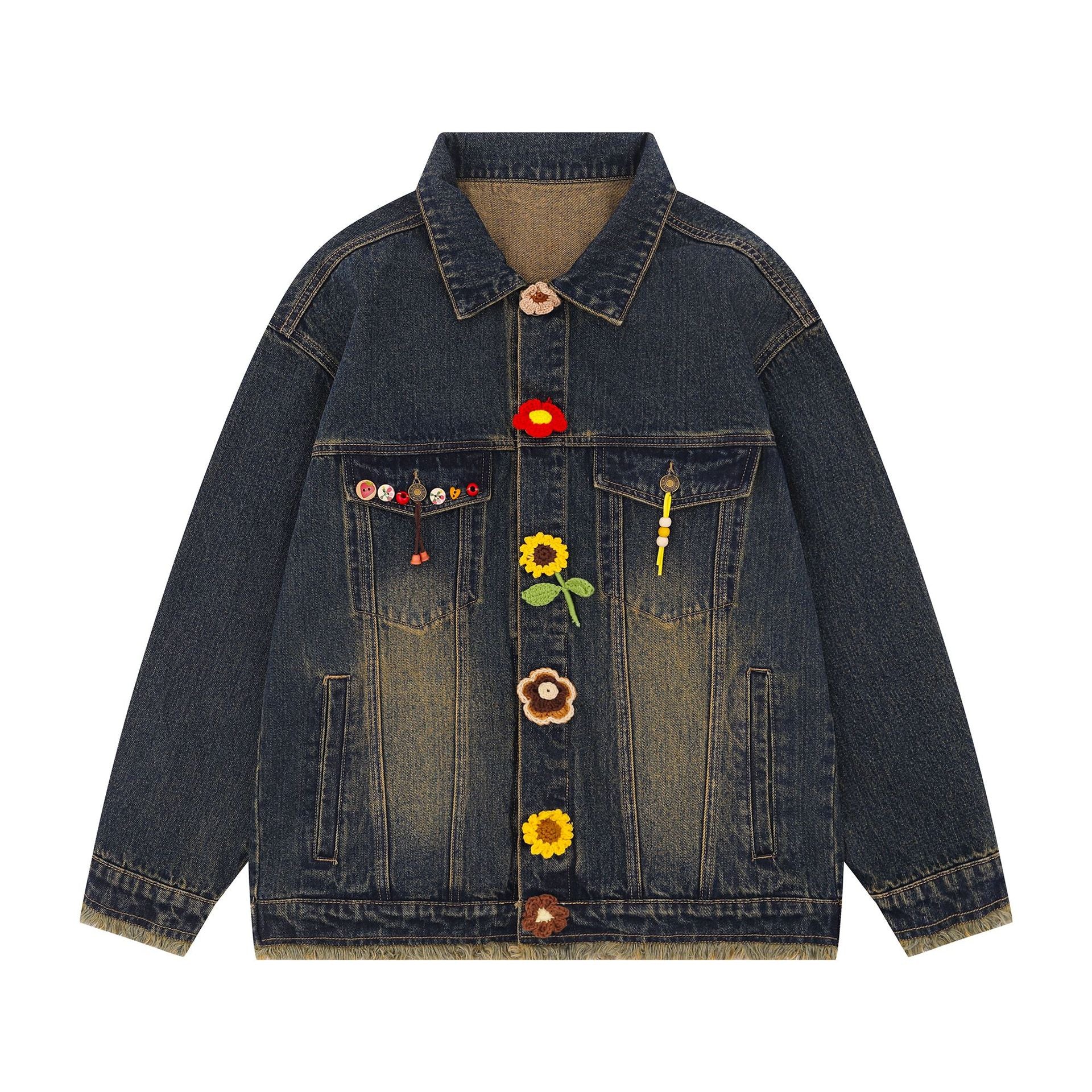Zwoyren Crochet Floral Washed Denim Jacket