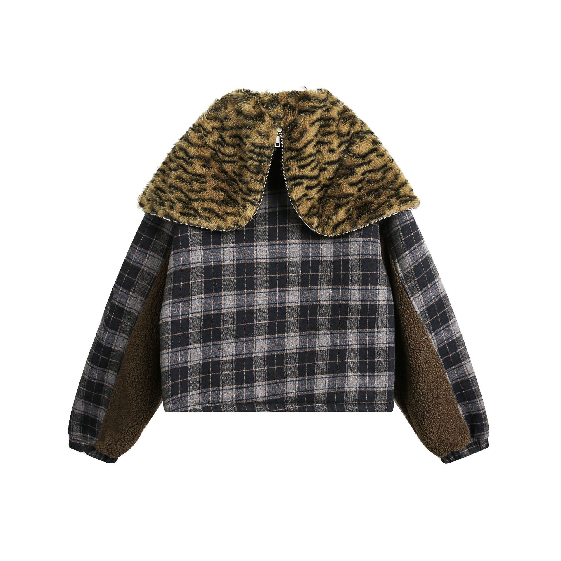 Zwoyren Zip-Up Hooded Leopard Lined Plaid Jacket