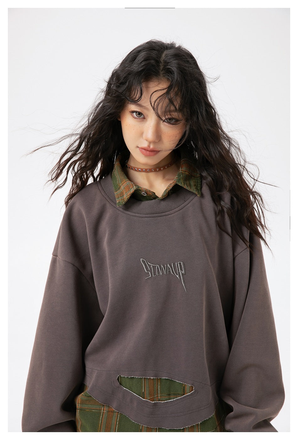 Zwoyren Layered Plaid Sweatshirt