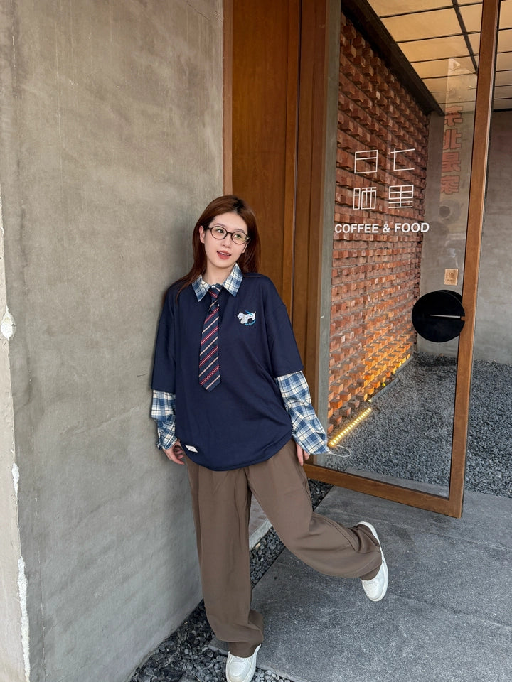 Zwoyren Preppy Faux Layered Long Sleeve Tee