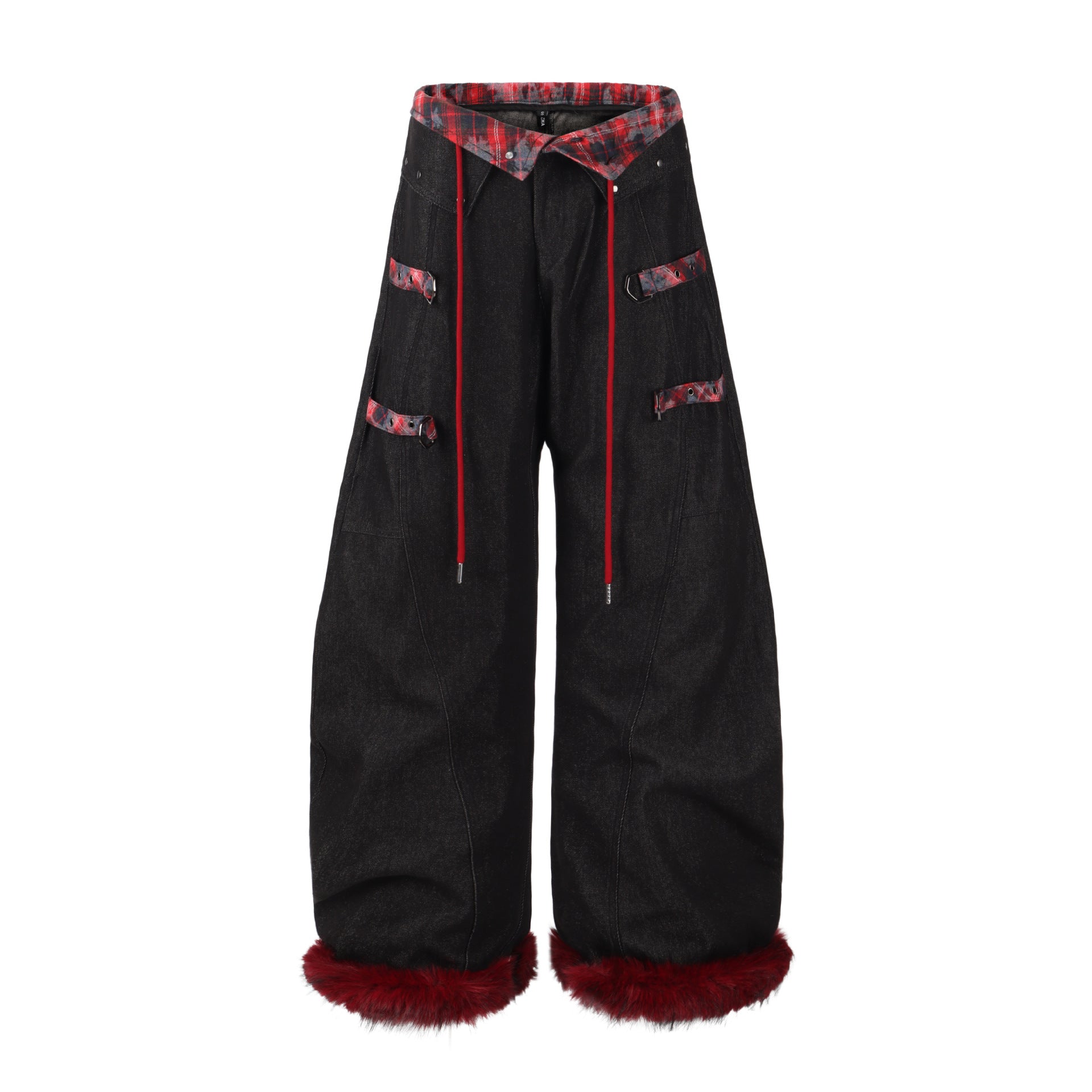 Zwoyren Plaid Waist Wide-Leg Denim Pants