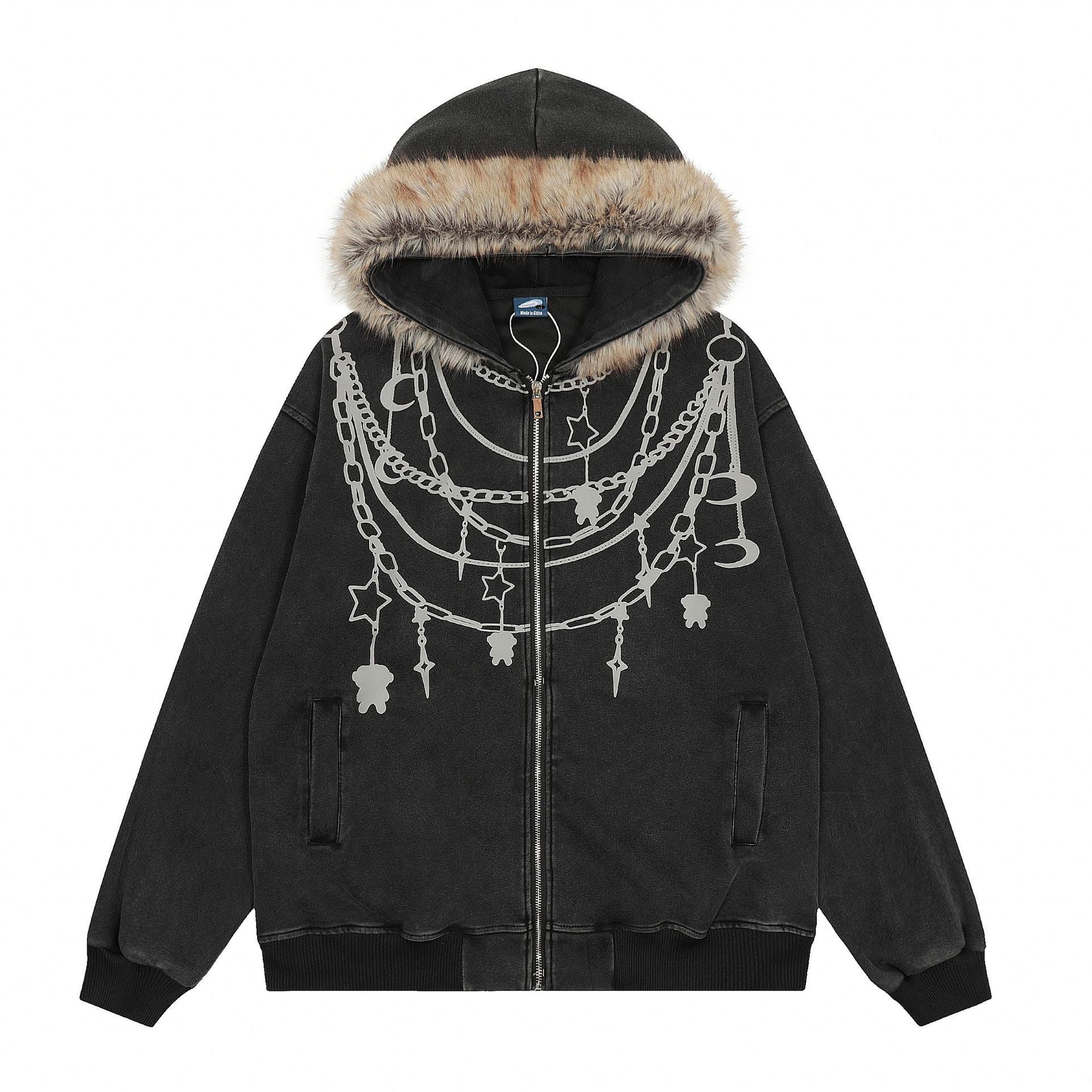 Zwoyren Chain Print Fur Collar Zip Up Hoodie