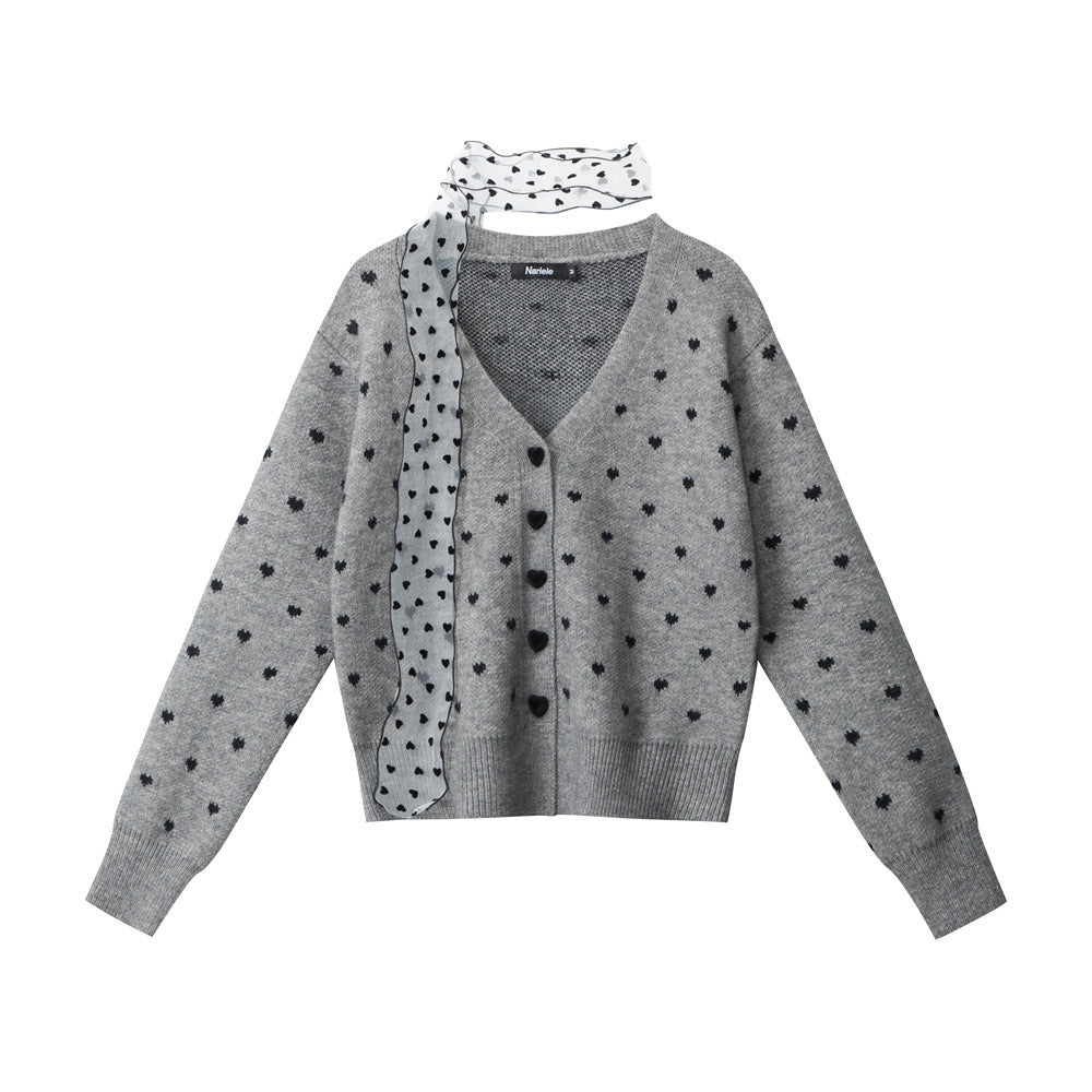 Zwoyren Heart Polka Dot Ribbon Cardigan