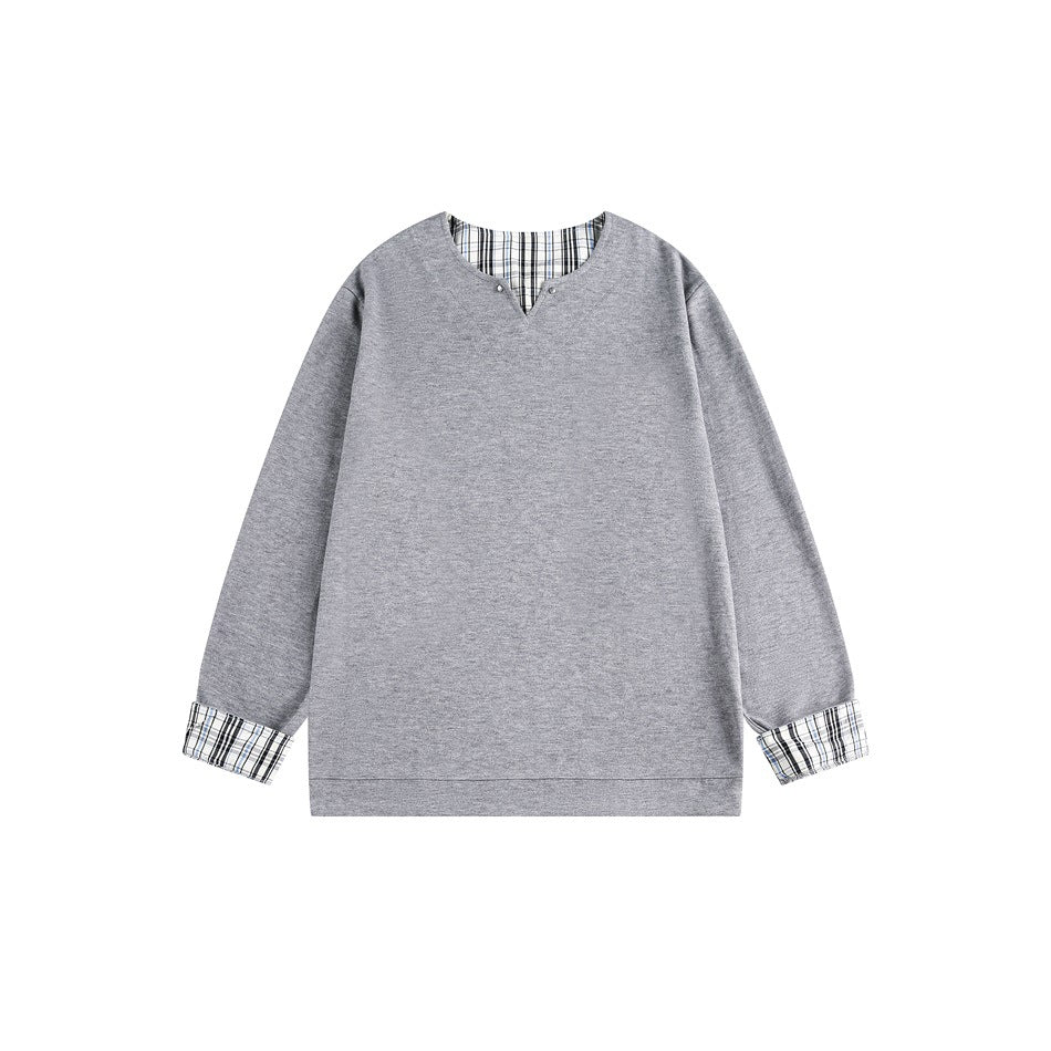 Zwoyren Plaid-Lined V-Neck Sweatshirt