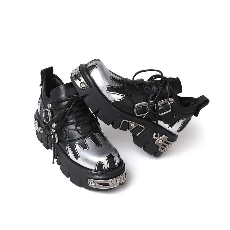 Dark Punk Boots with Flame Embroidery 