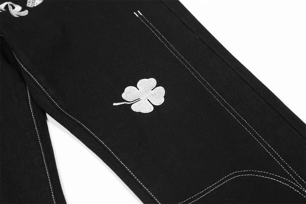 Letter Lucky Clover Embroidered Baggy Jeans