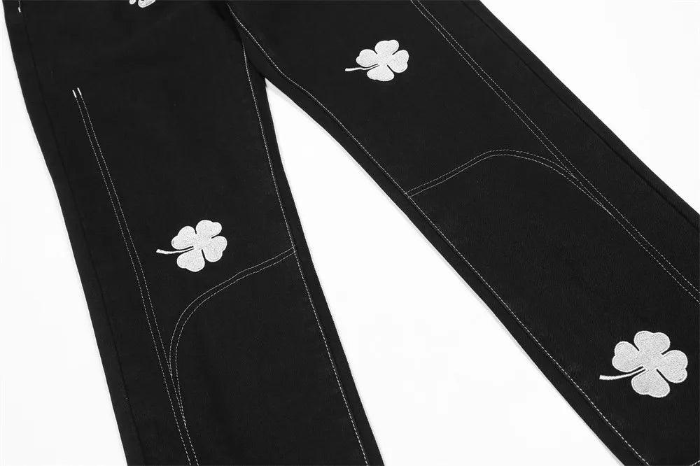 Letter Lucky Clover Embroidered Baggy Jeans