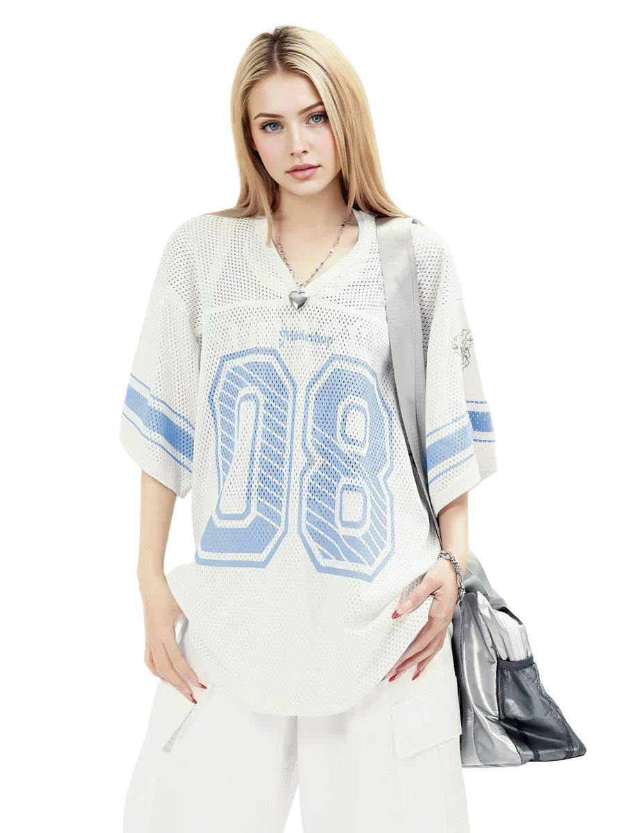 Zwoyren Retro Hollow Digital Stripe Print Jersey T-Shirt