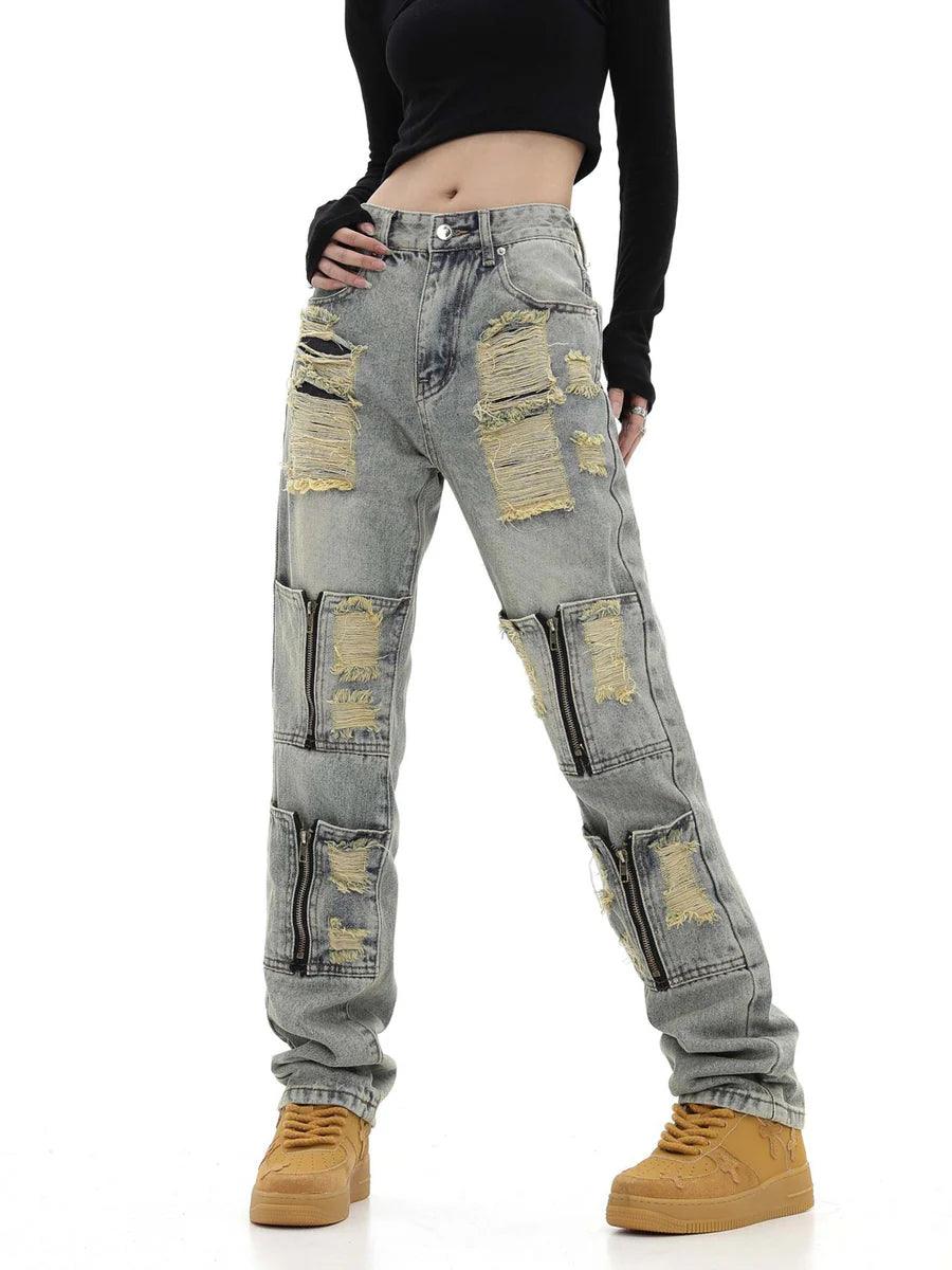 Torn Work Pockets Streaight Denim Pants