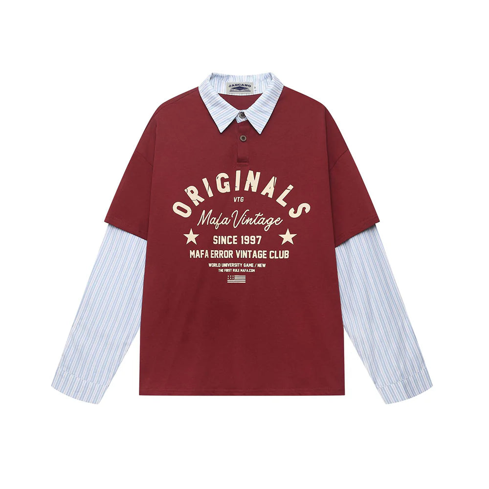 Zwoyren Pinstripe Faux-Layered Polo Long Sleeve Tee