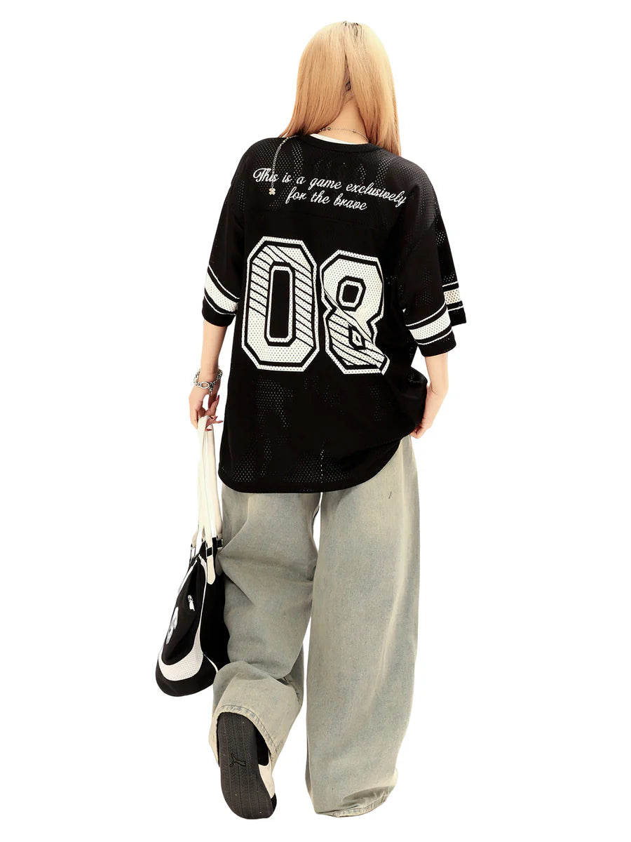 Zwoyren Retro Hollow Digital Stripe Print Jersey T-Shirt