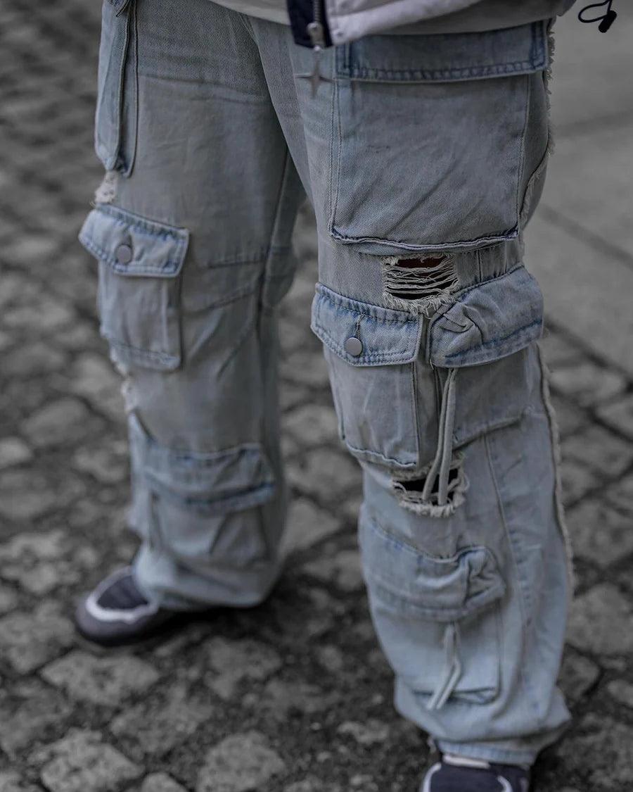 Washed Multi-Pocket Work Cargo Jeans