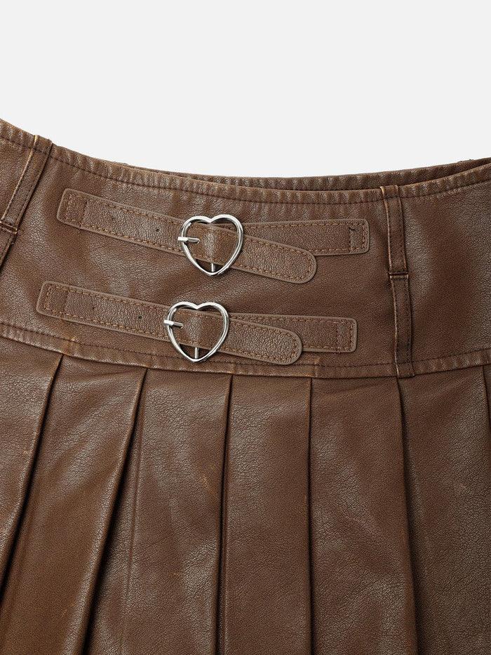 Heart Belt Faux Leather Pleated Skirt