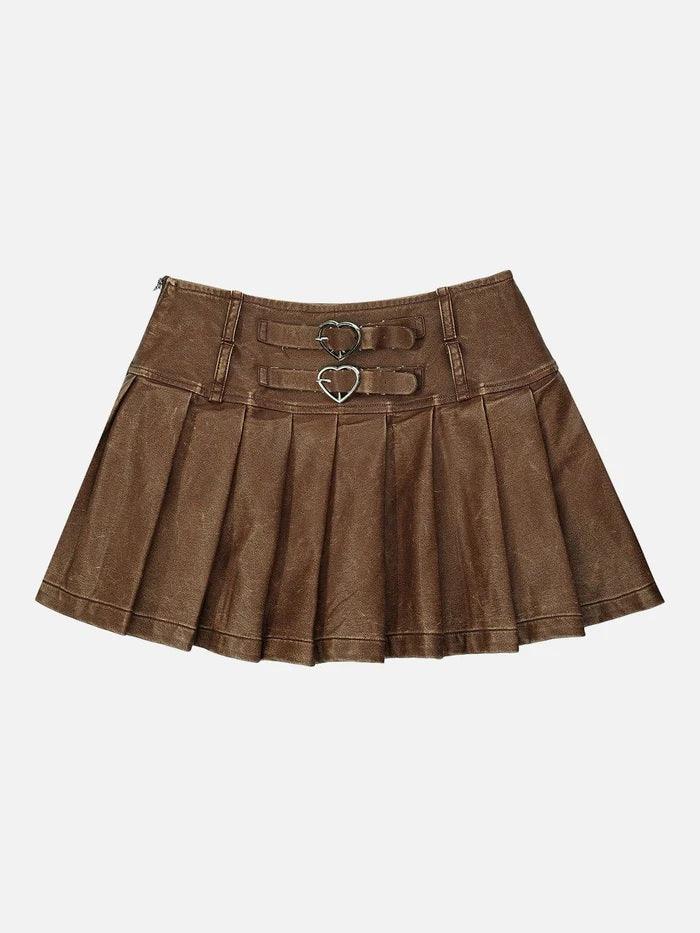 Heart Belt Faux Leather Pleated Skirt