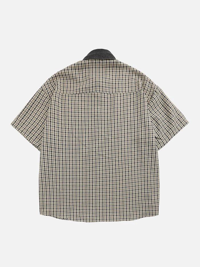 Zwoyren Plaid Embroidery Short Sleeve Shirt