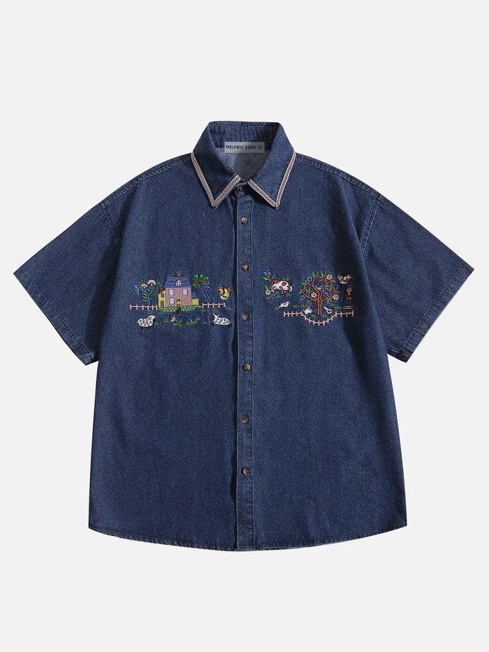 Zwoyren Embroidery Denim Short Sleeve Shirt