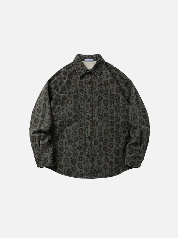Zwoyren Gray Leopard Print Long Sleeve Shirt
