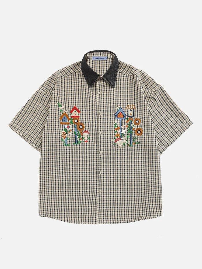 Zwoyren Plaid Embroidery Short Sleeve Shirt