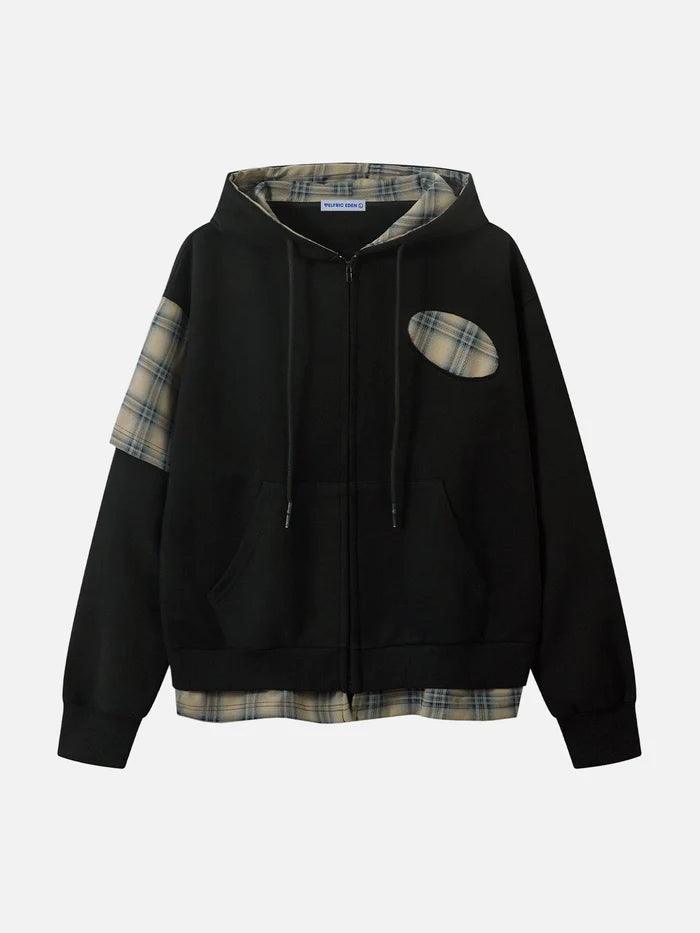 Zwoyren Irregular Plaid Patchwork Hoodie