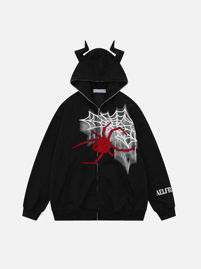 Horn Design Flocking Spider Hoodie